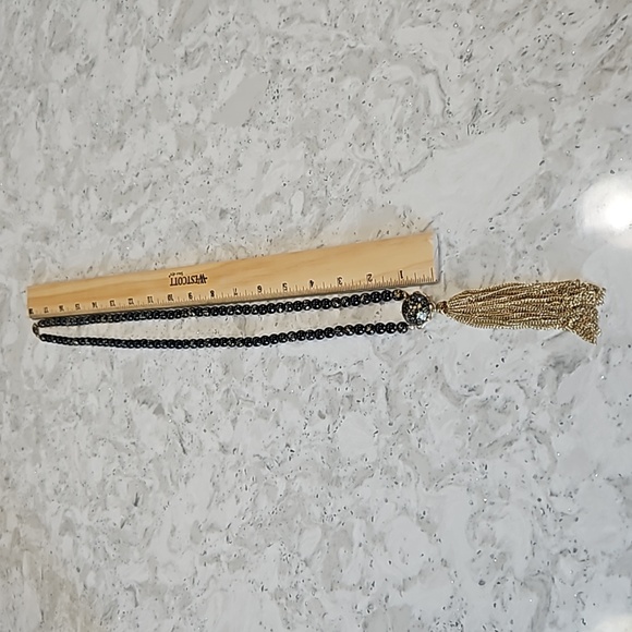 Black & Gold Speckled Beaded Necklace & Pendant with Gold Chains Dangling - Picture 4 of 6